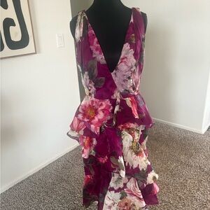 Marchesa Silk Ruffles Asymmetrical Dress in Fuchsia and White Floral